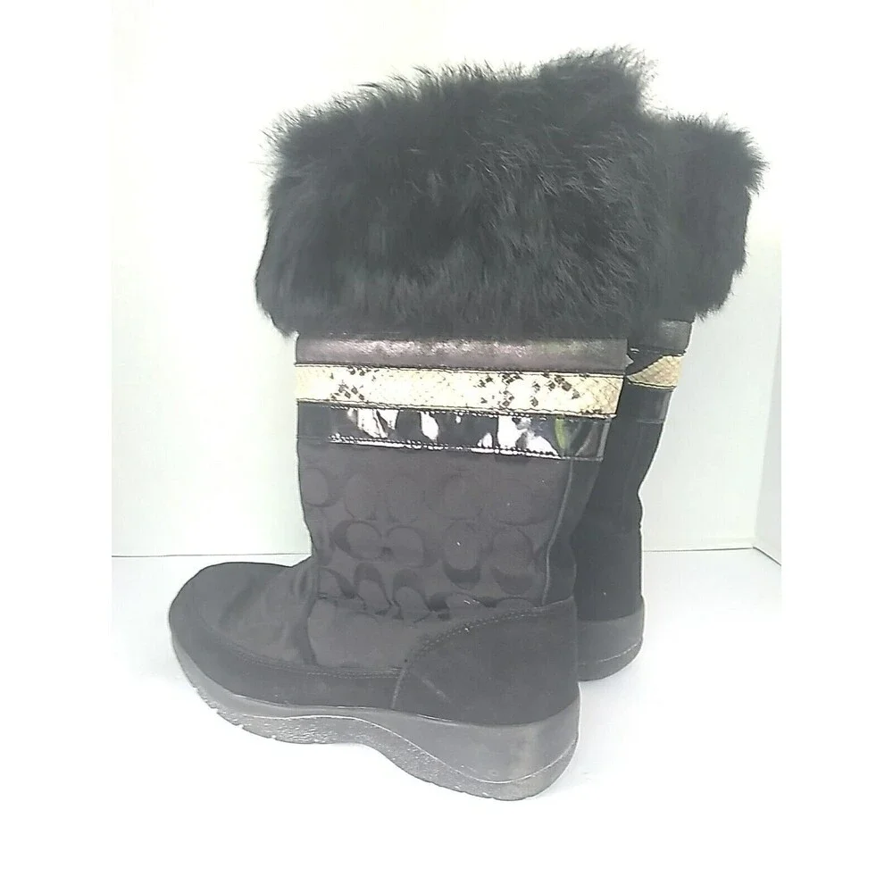 Coach Winter Boots Fur Trim Signature Logo Black Knee High Boots‎ Size 7